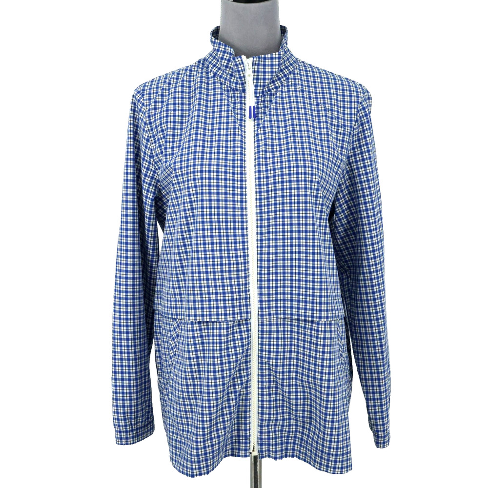 T by Talbots Jacket Petites LP PL Blue White Plaid Stretch Knit Full Zip Pocket